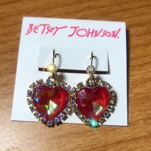Betsey Johnson Gold Tone Pink Red Iridescent Heart Drop Earrings Crystal NWT